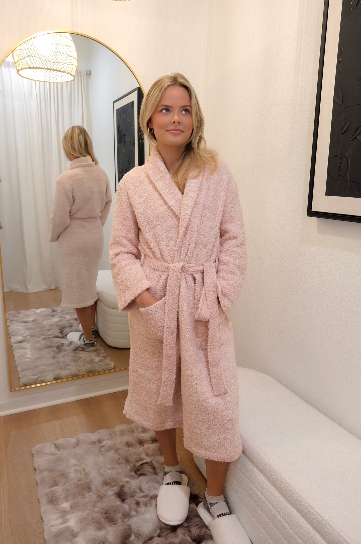 Barefoot Dreams Dusty Rose & White CozyChic Robe