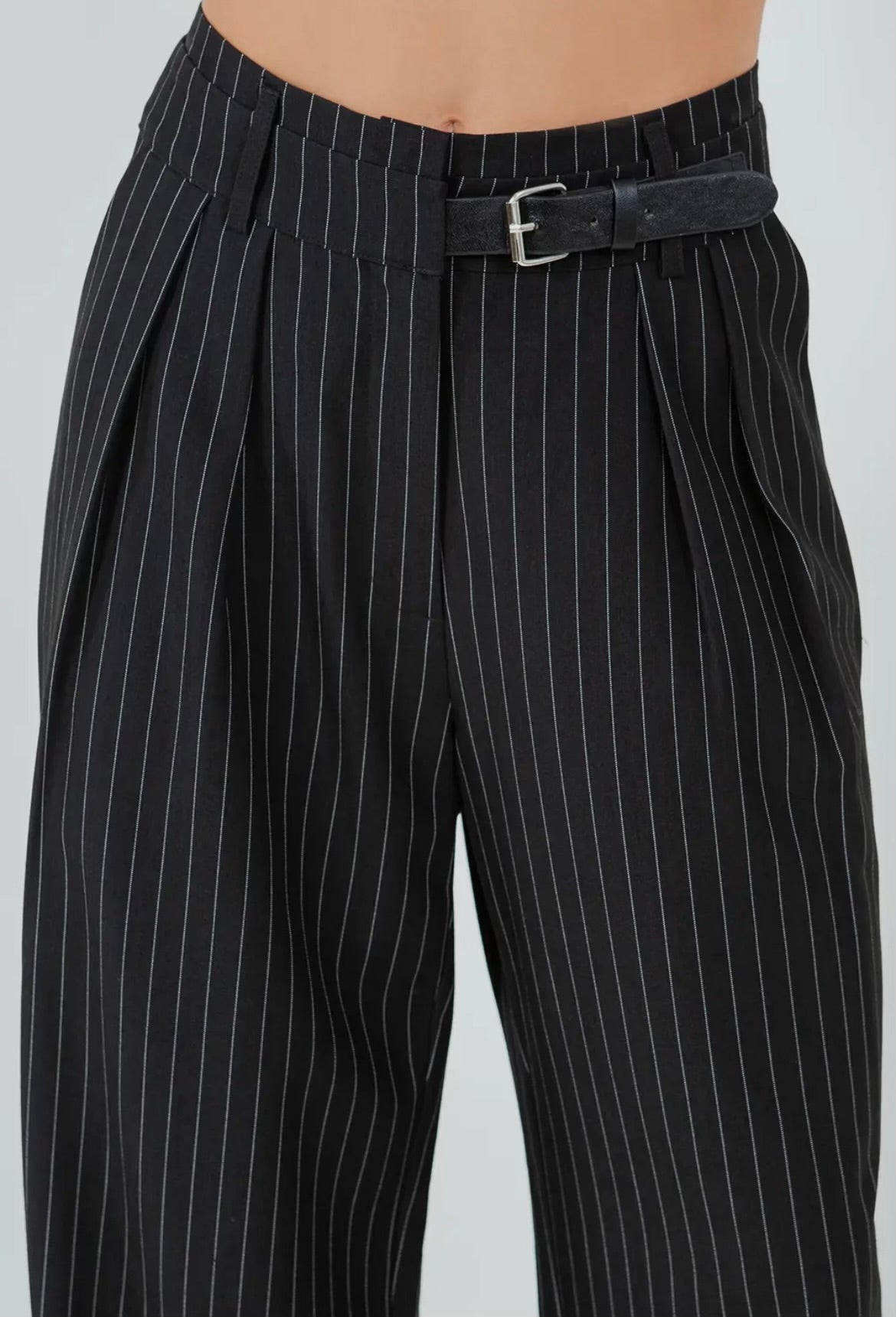 Black Pinstripe Straight Leg Pants