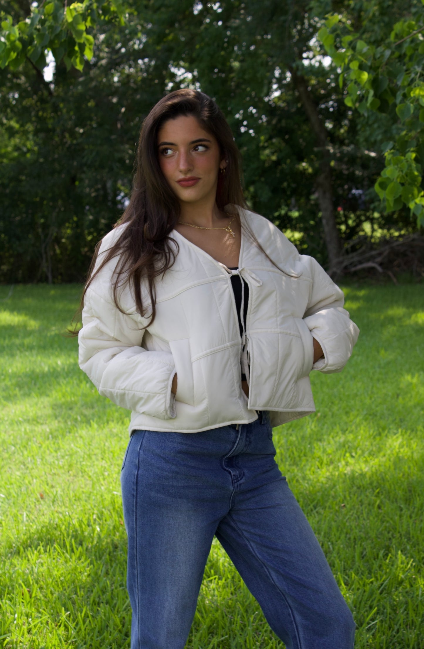 Cream Draw String Lightweight Puffer