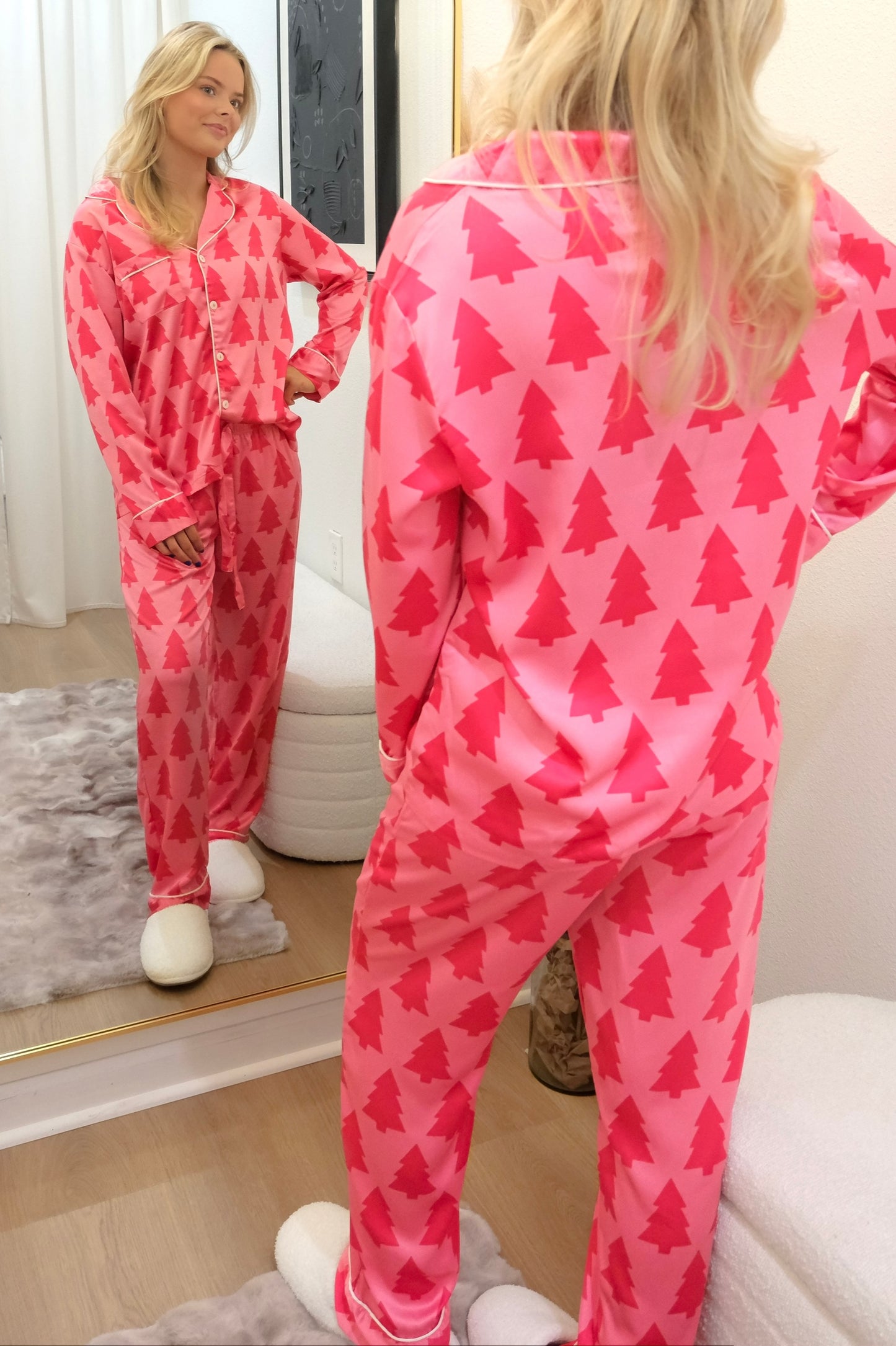 Satin Pink Christmas Tree PJ Set