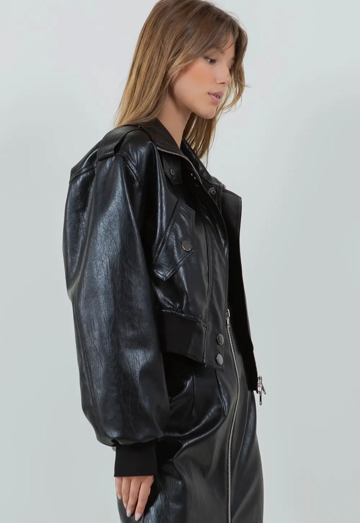 Black High Collar Leather Bomber Jacket