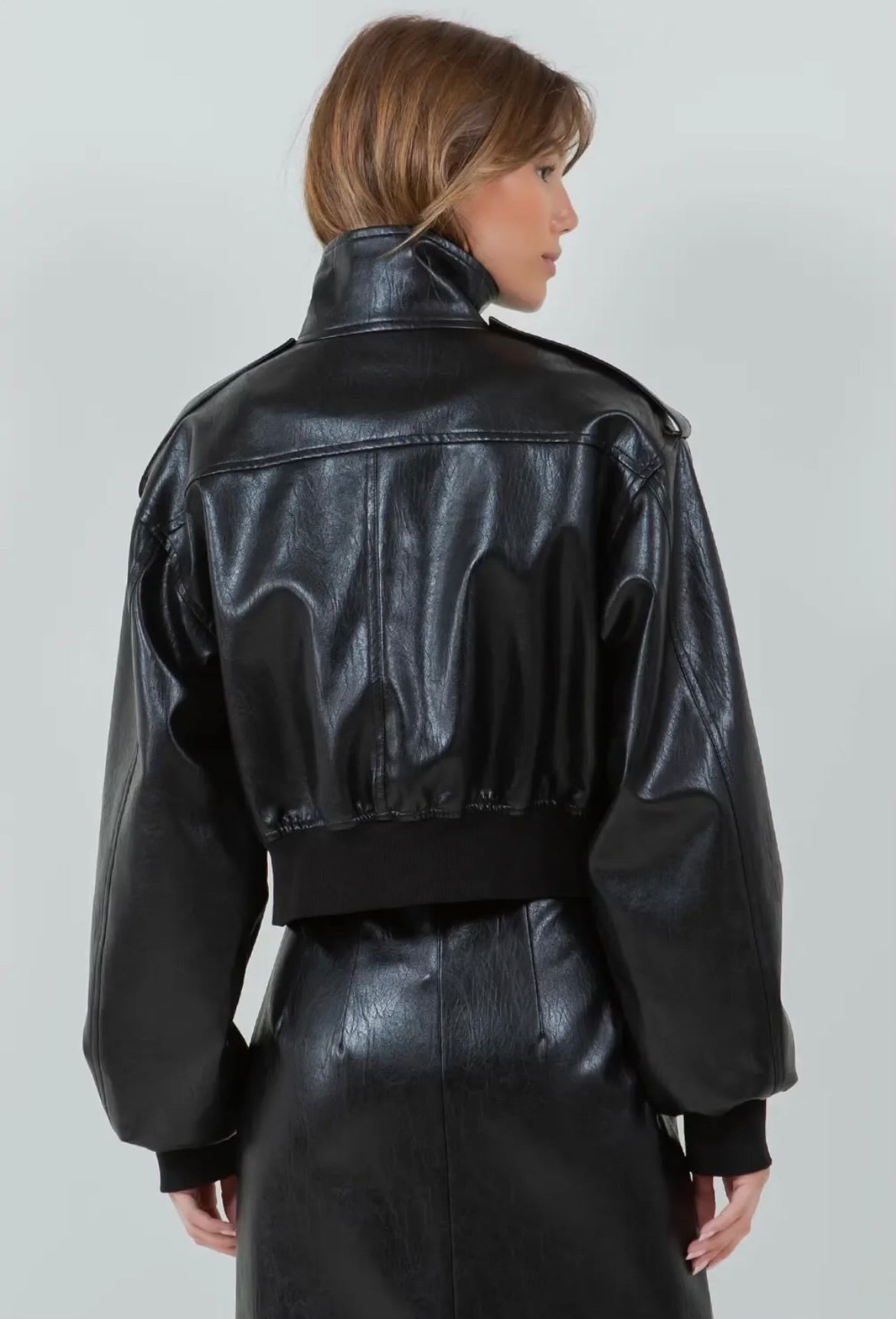 Black High Collar Leather Bomber Jacket