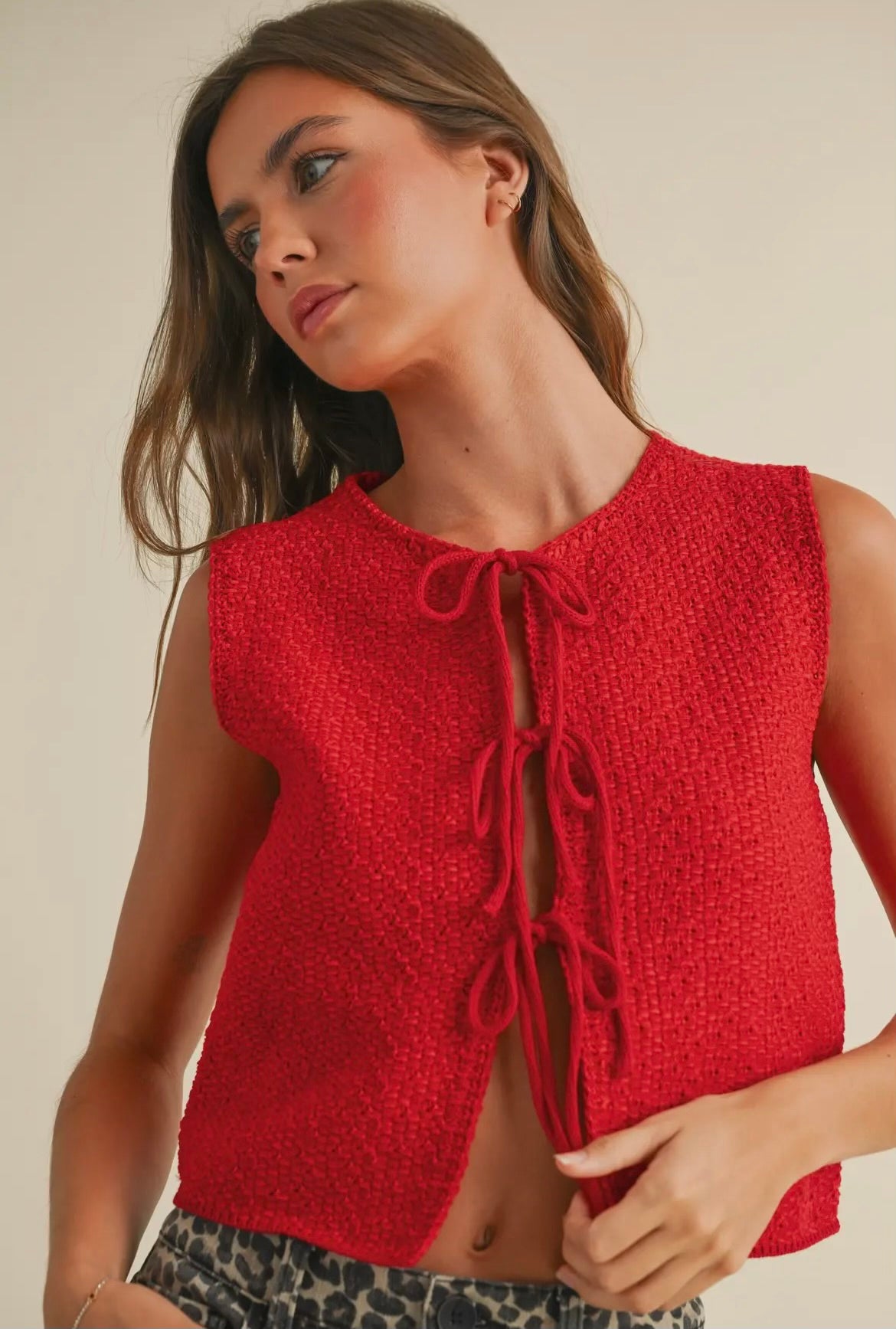 Red Knitted Tied Cardigan