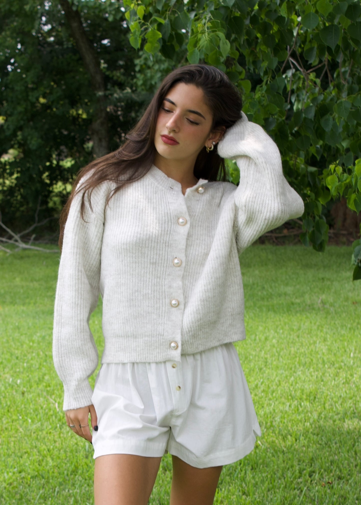 OATMEAL KNIT PEARL BUTTON DOWN CARDIGAN TOP