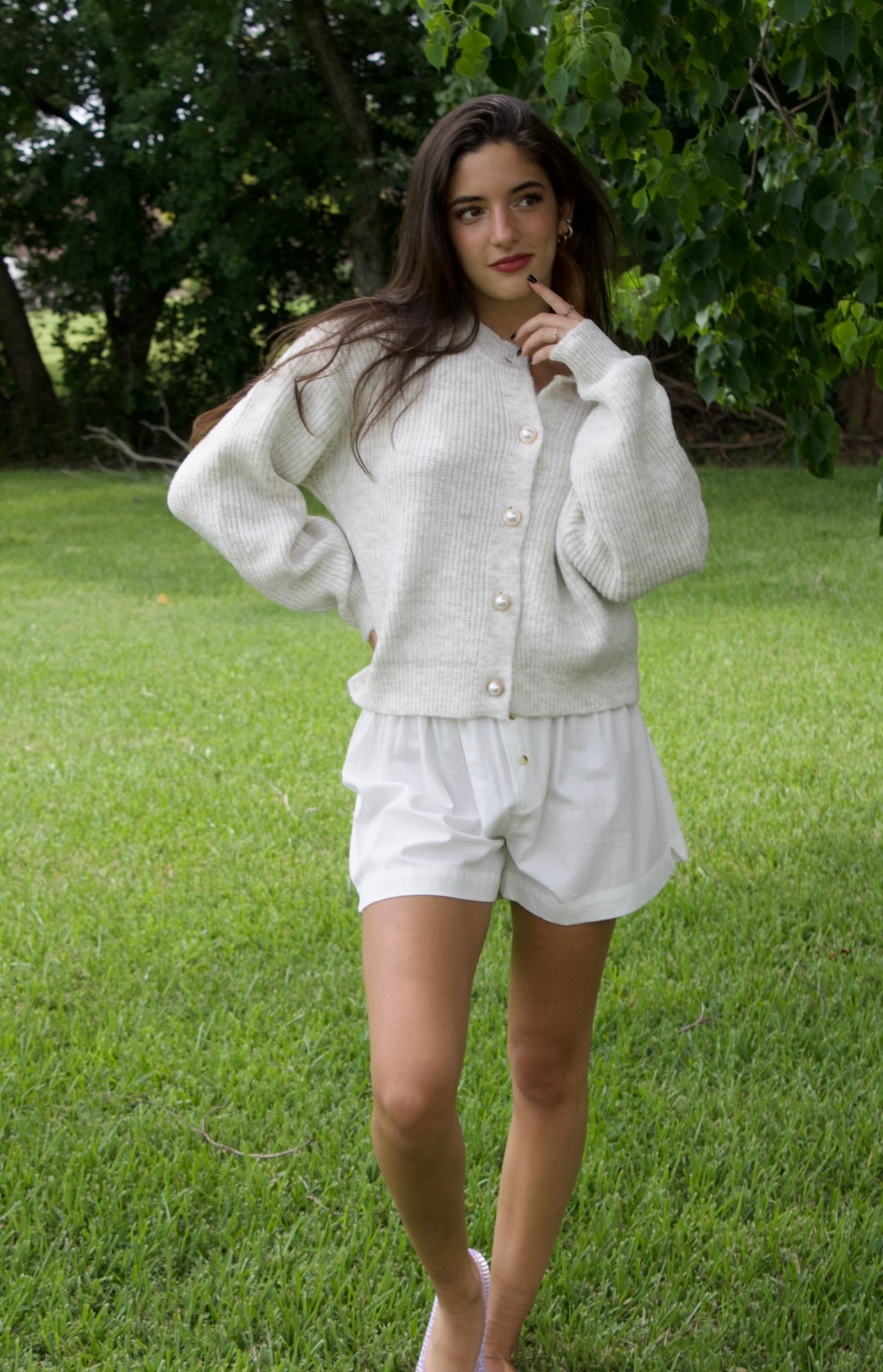 OATMEAL KNIT PEARL BUTTON DOWN CARDIGAN TOP