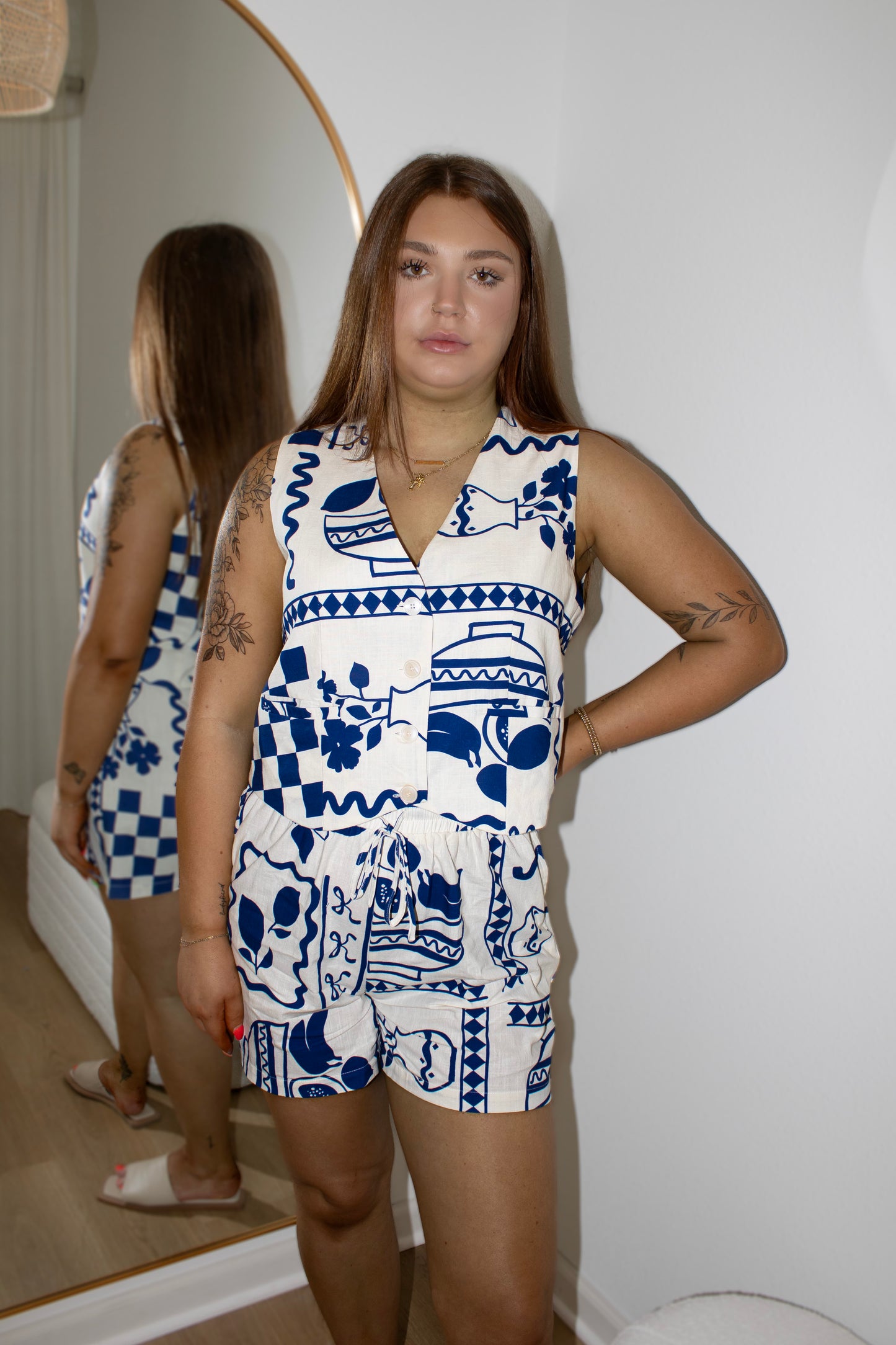 Royal Blue Italian Pattern Cotton Two Piece Set