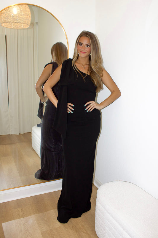 One Shoulder Black Bow Tie Maxi Dress