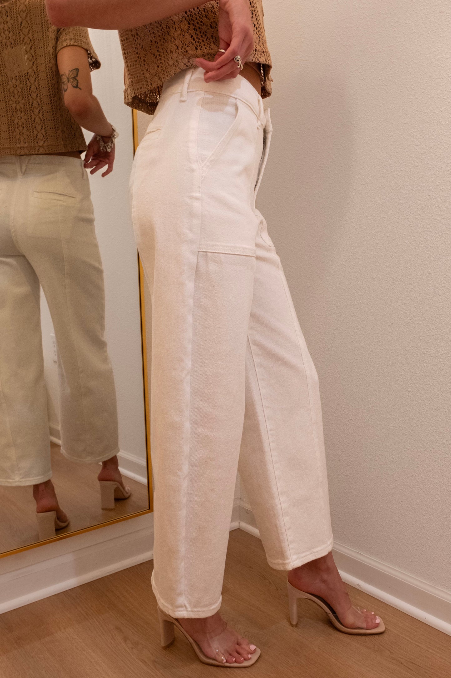 White Paneled Stretch Denim Pants