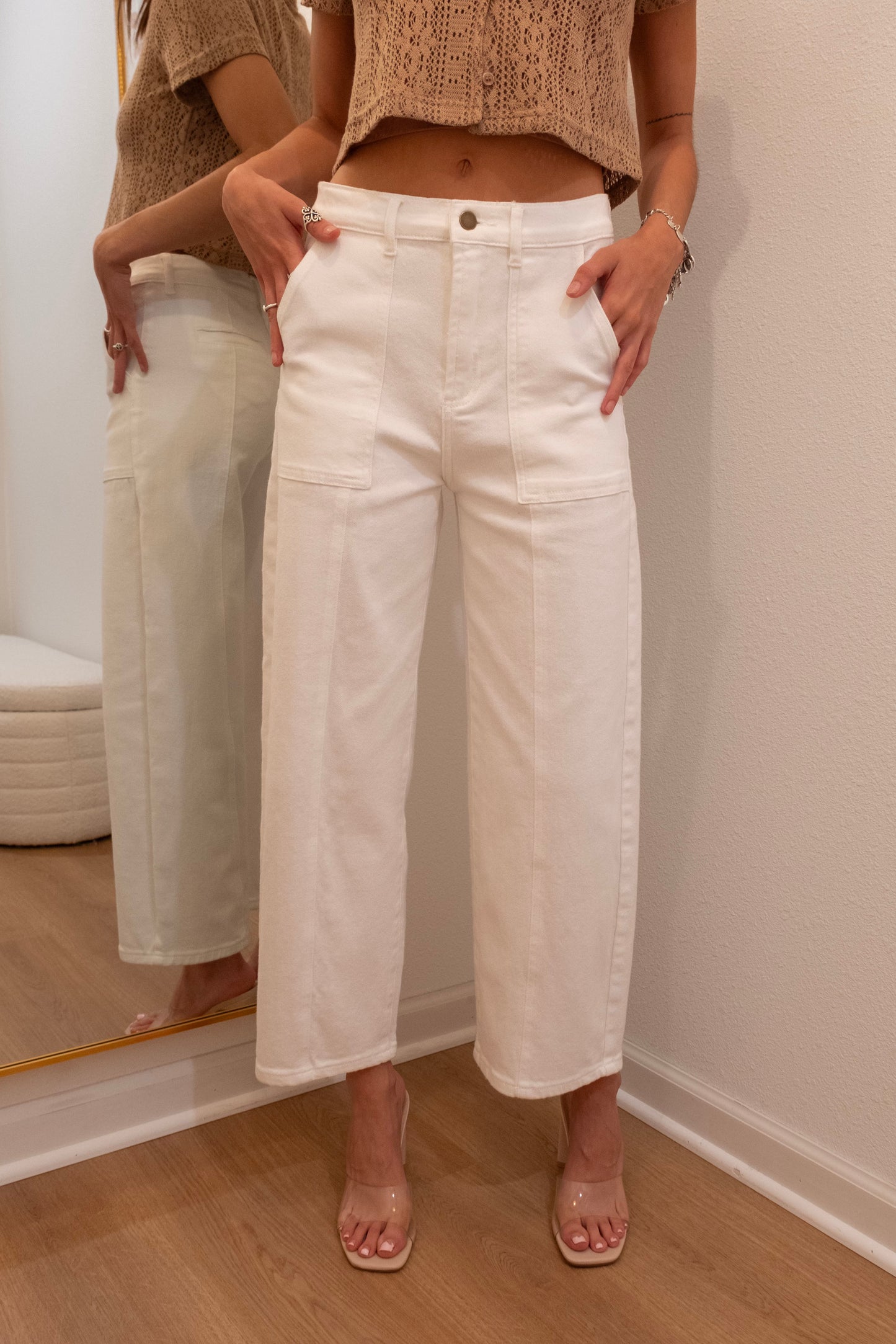 White Paneled Stretch Denim Pants