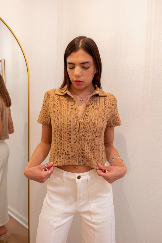 Tan Crochet Button Up Crop Top