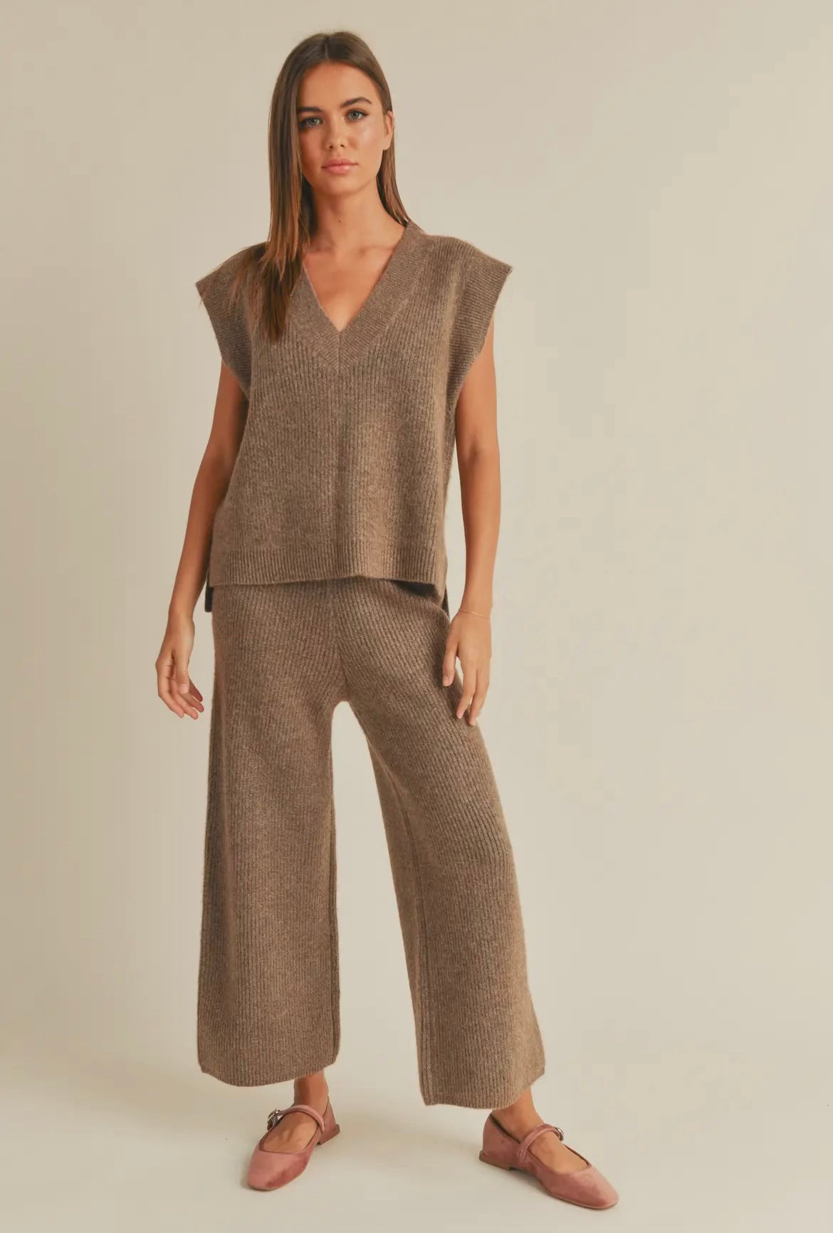 Brown V-Neck Sweater Vest & Pants Set