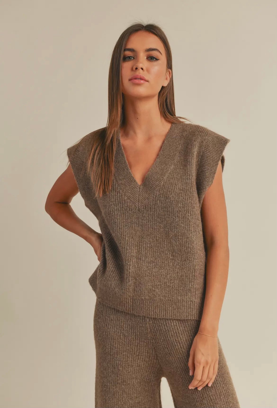 Brown V-Neck Sweater Vest & Pants Set