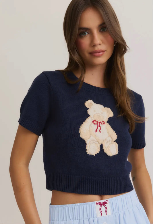 Navy Short Sleeve Teddy Bear Crewneck Sweater Top