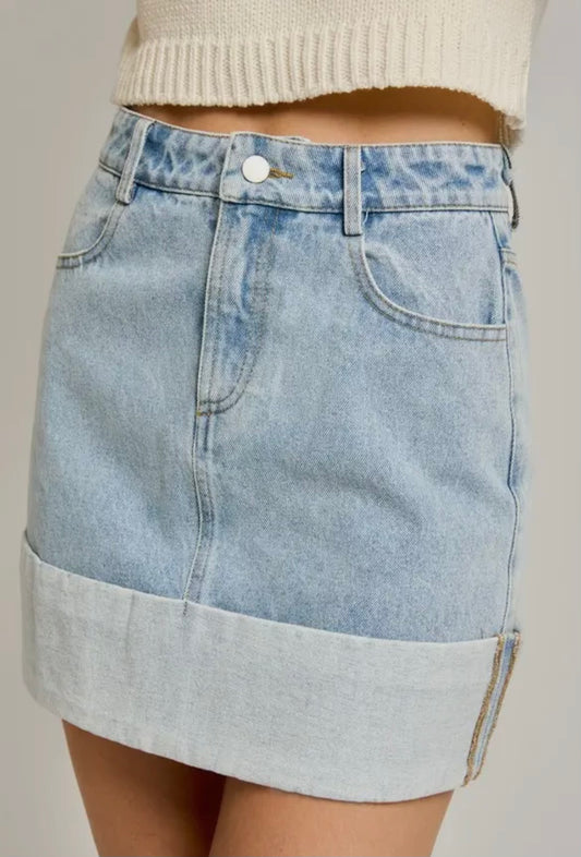 Washed Denim High Waisted Cuffed Denim Mini Skirt