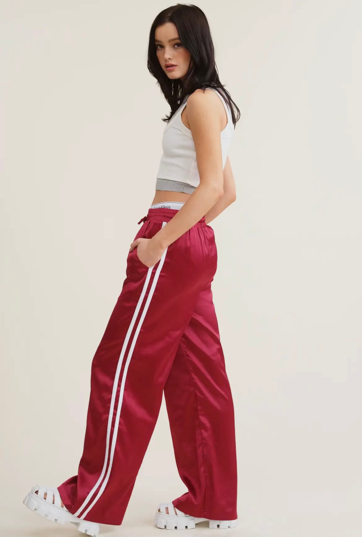 Garnet Sporty Satin Effect Striped Track Pants