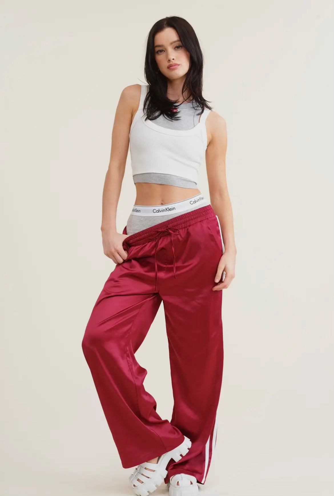 Garnet Sporty Satin Effect Striped Track Pants