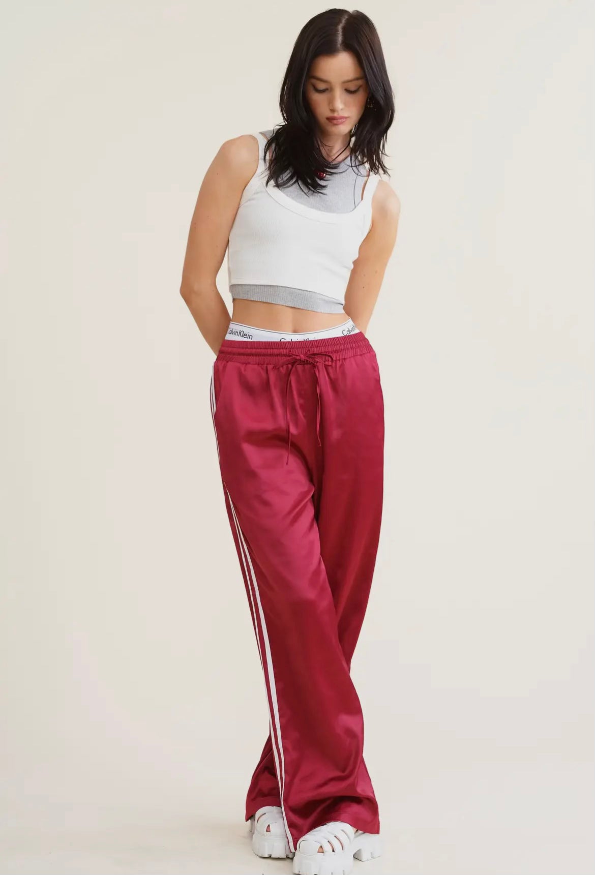 Garnet Sporty Satin Effect Striped Track Pants