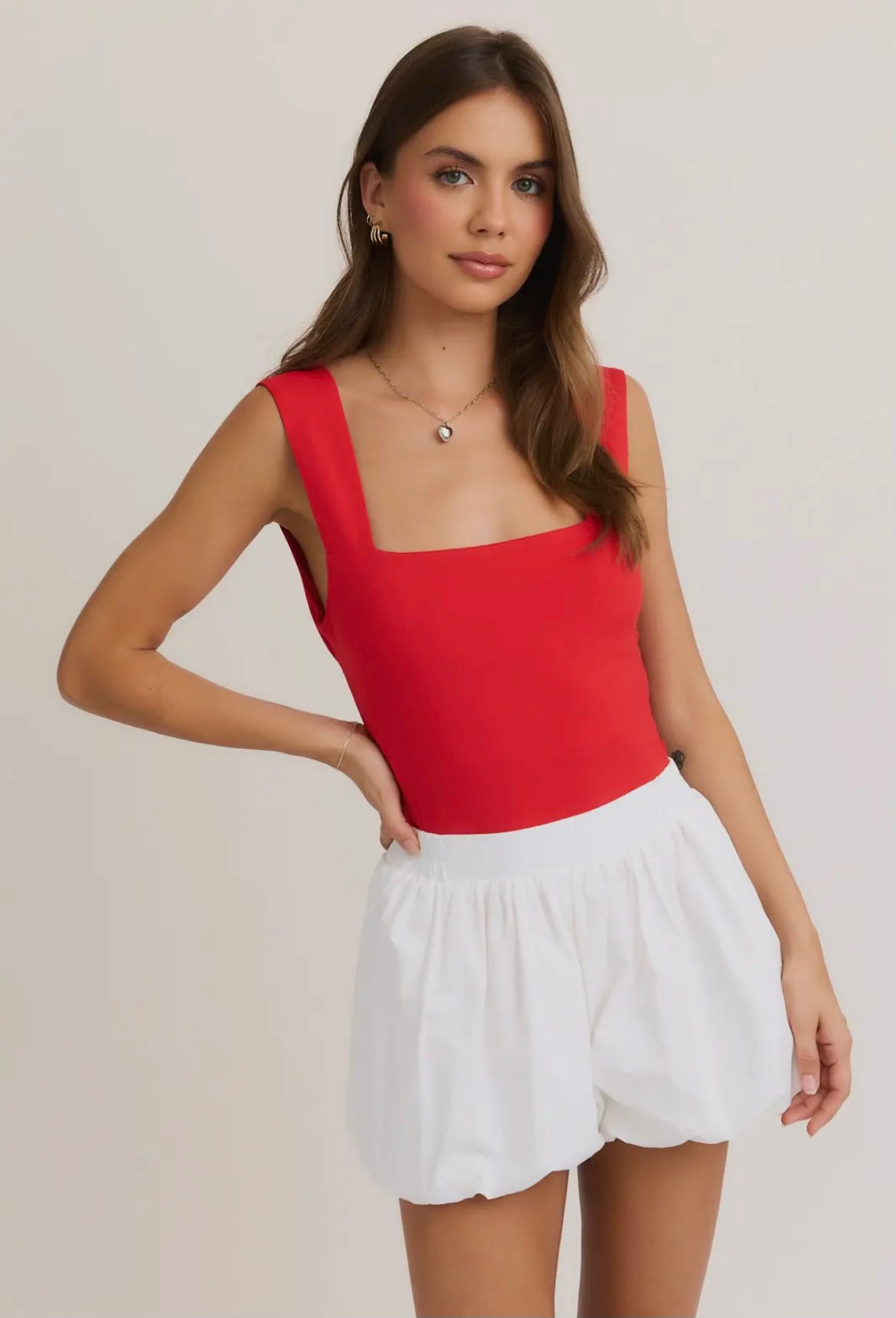 Red Wide Strap Back Tie Bodysuit