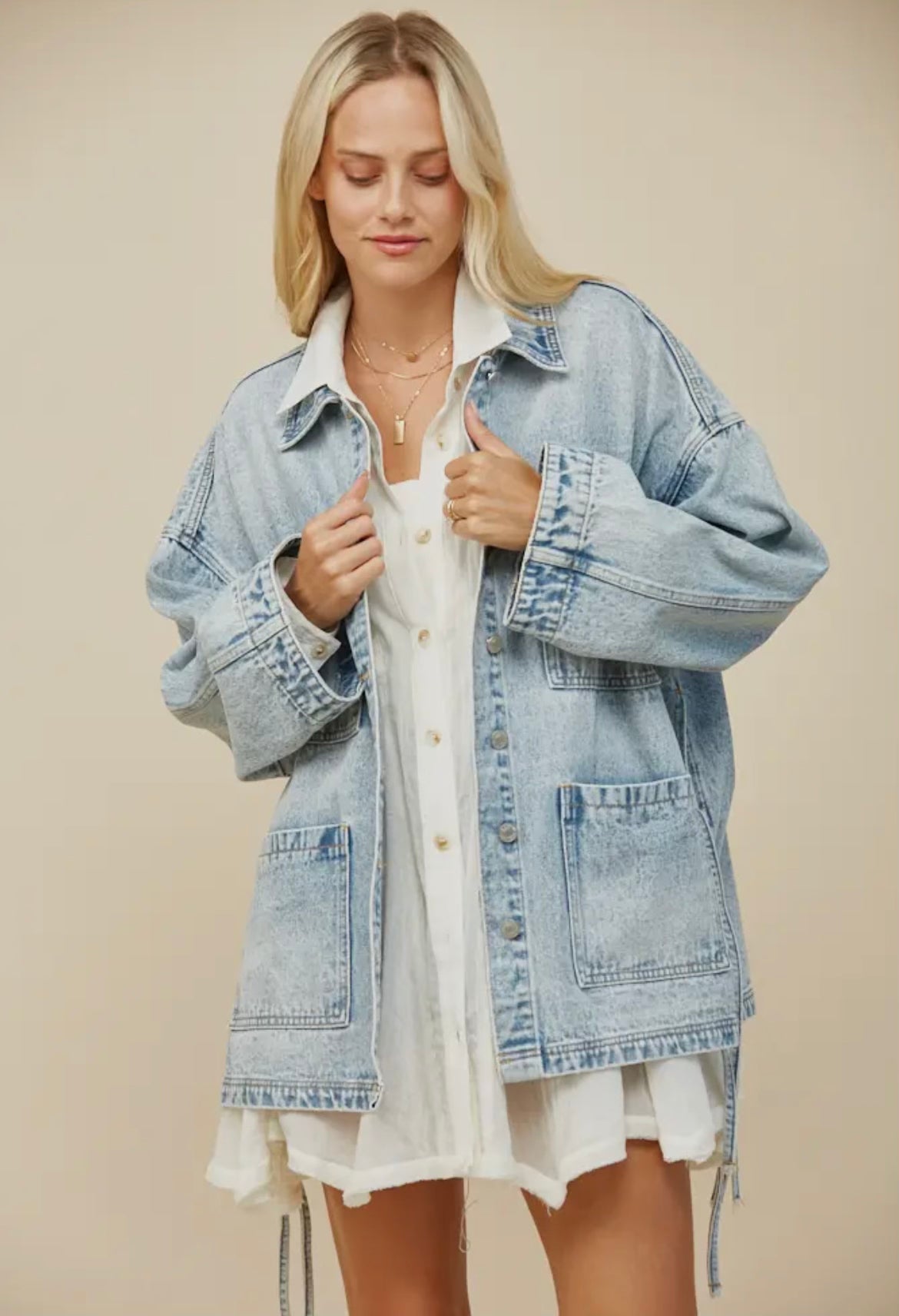 Boho Side Tie Detail Oversized Denim Jacket