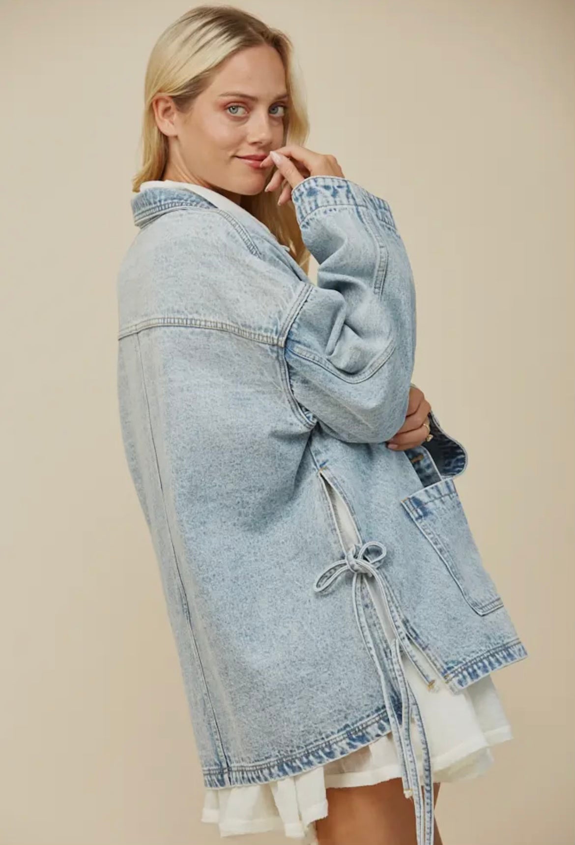 Boho Side Tie Detail Oversized Denim Jacket