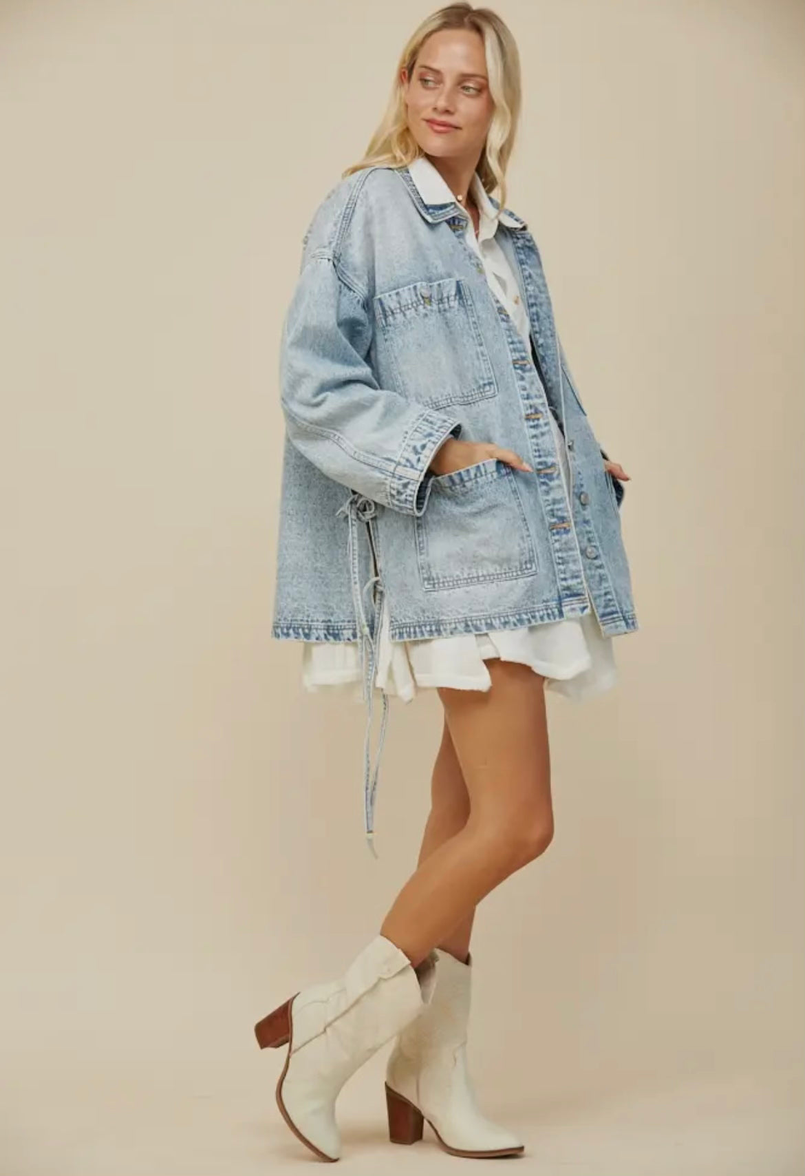 Boho Side Tie Detail Oversized Denim Jacket