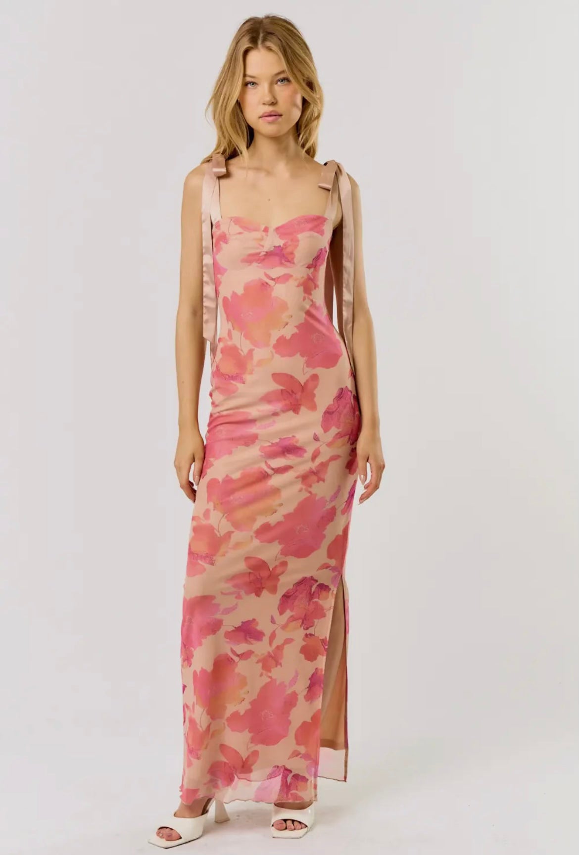 Taupe/Coral Mesh Tie Shoulder Floral Maxi Dress