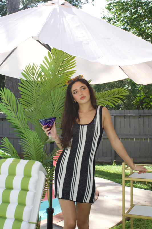 Black & Cream Knit Sweater Striped Sleeveless Mini Dress