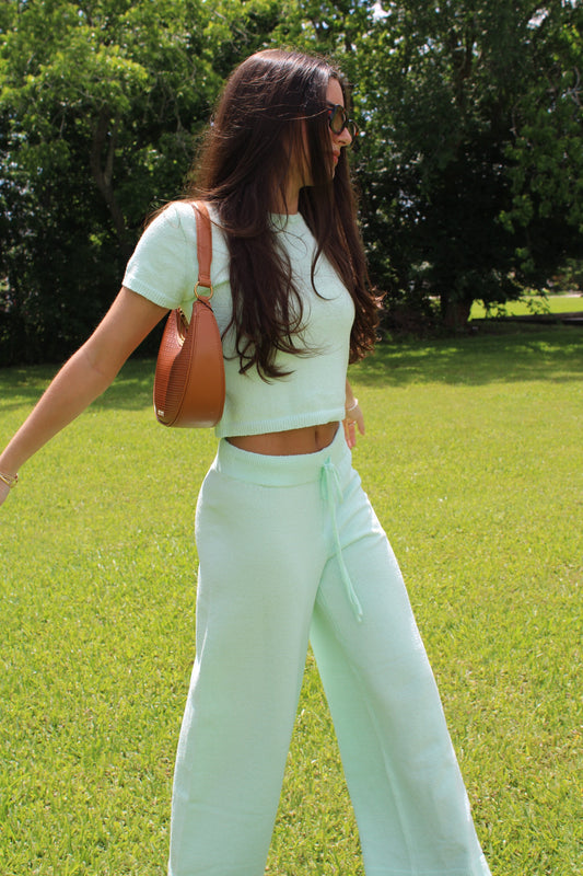 Bay Mint Light Knit Short Sleeve Crop Top & Wide Leg Pants Set