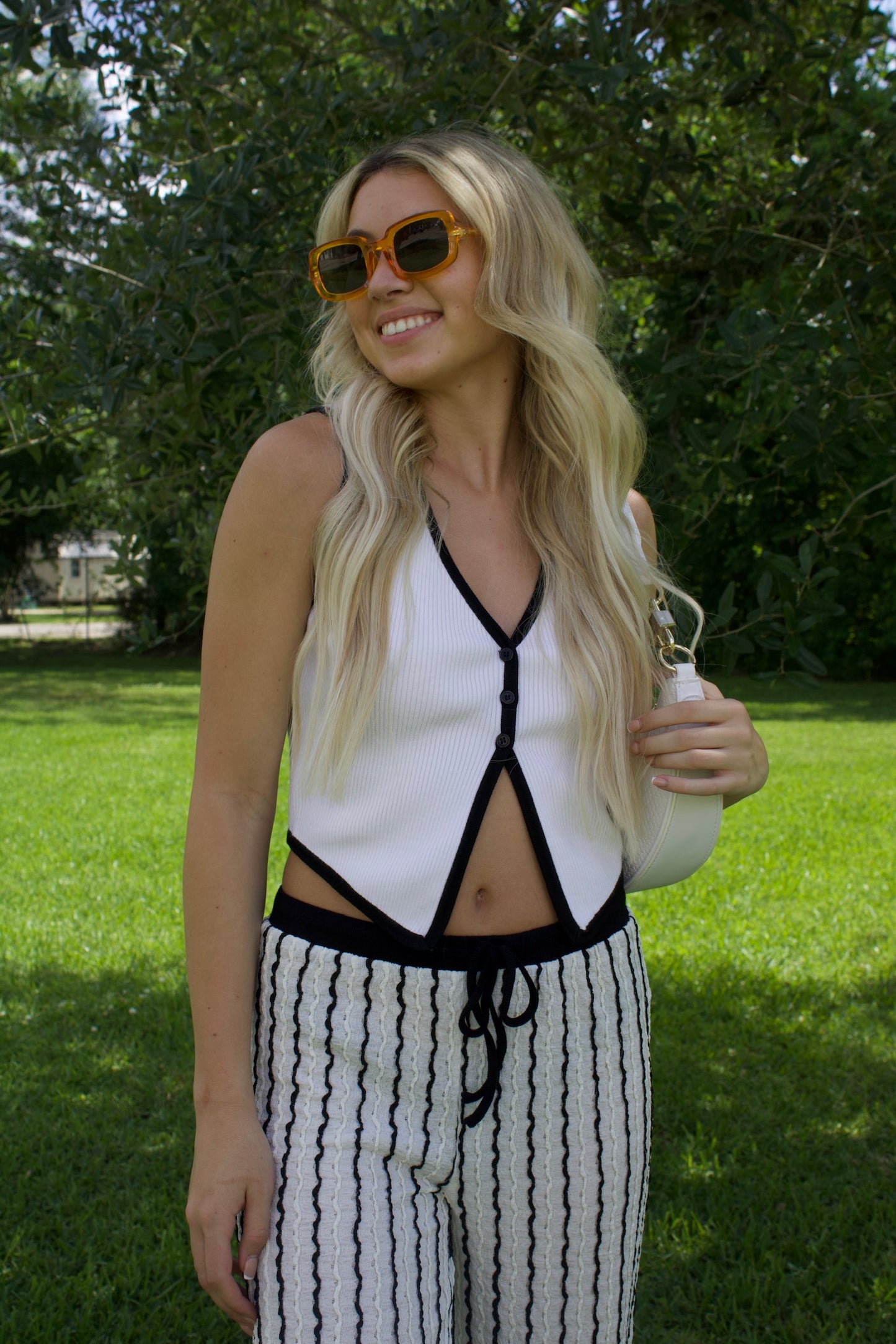 Black & White Striped Vest And Long Pants Set