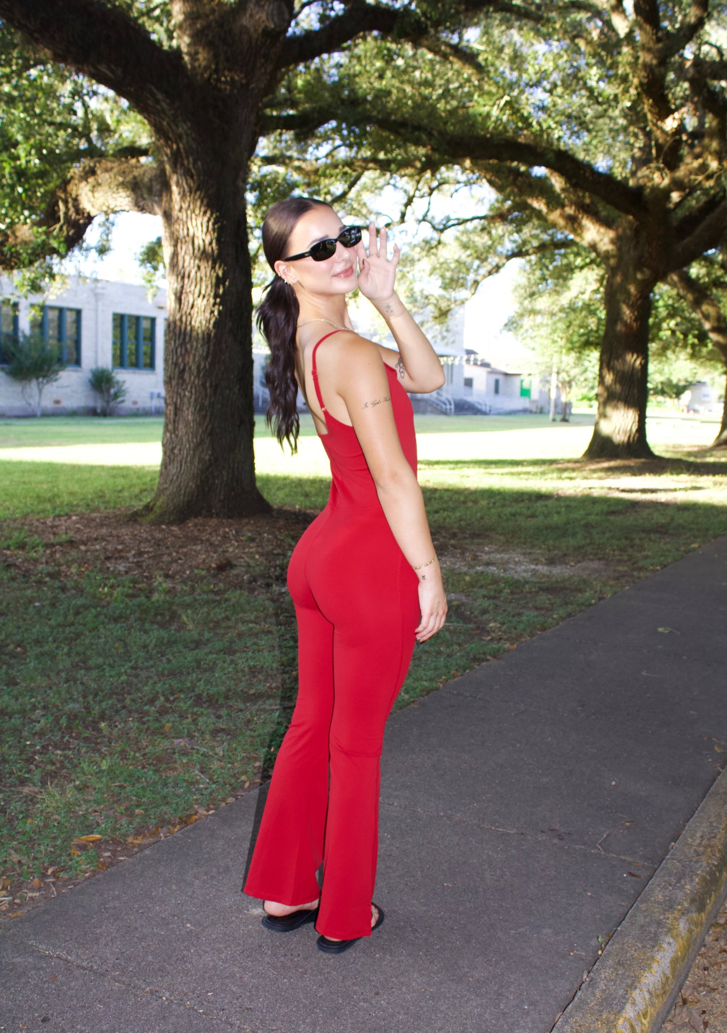 CHERRY FLARE LEG JUMPSUIT