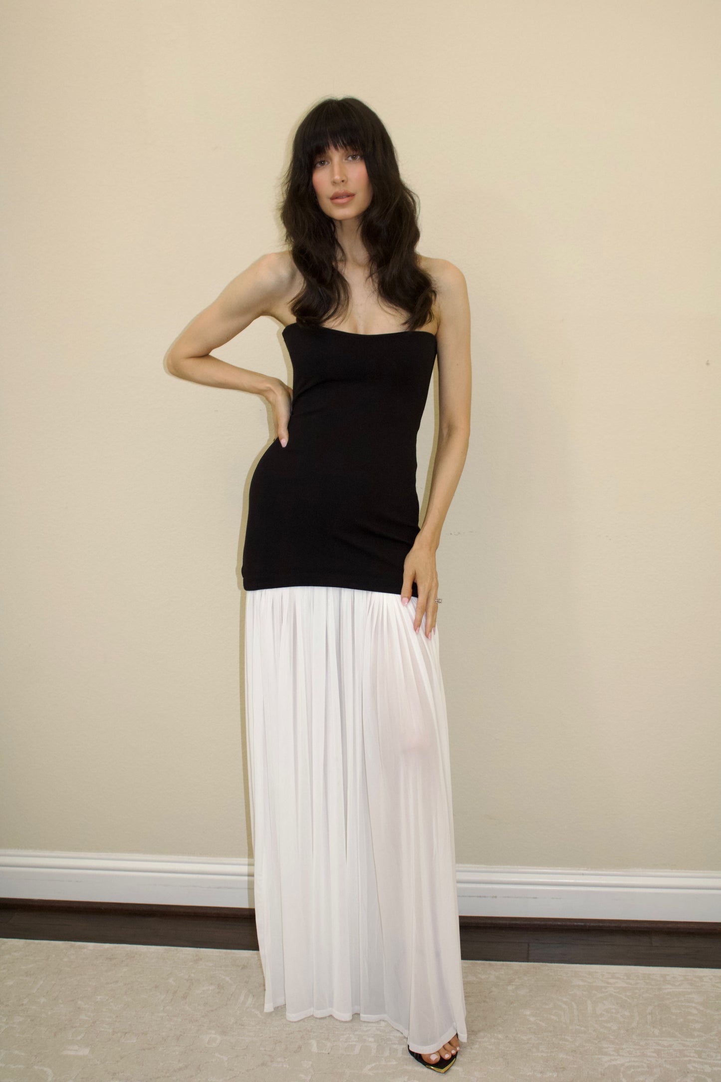 Black and White Tubed Maxi Dress W Shirred Chiffon