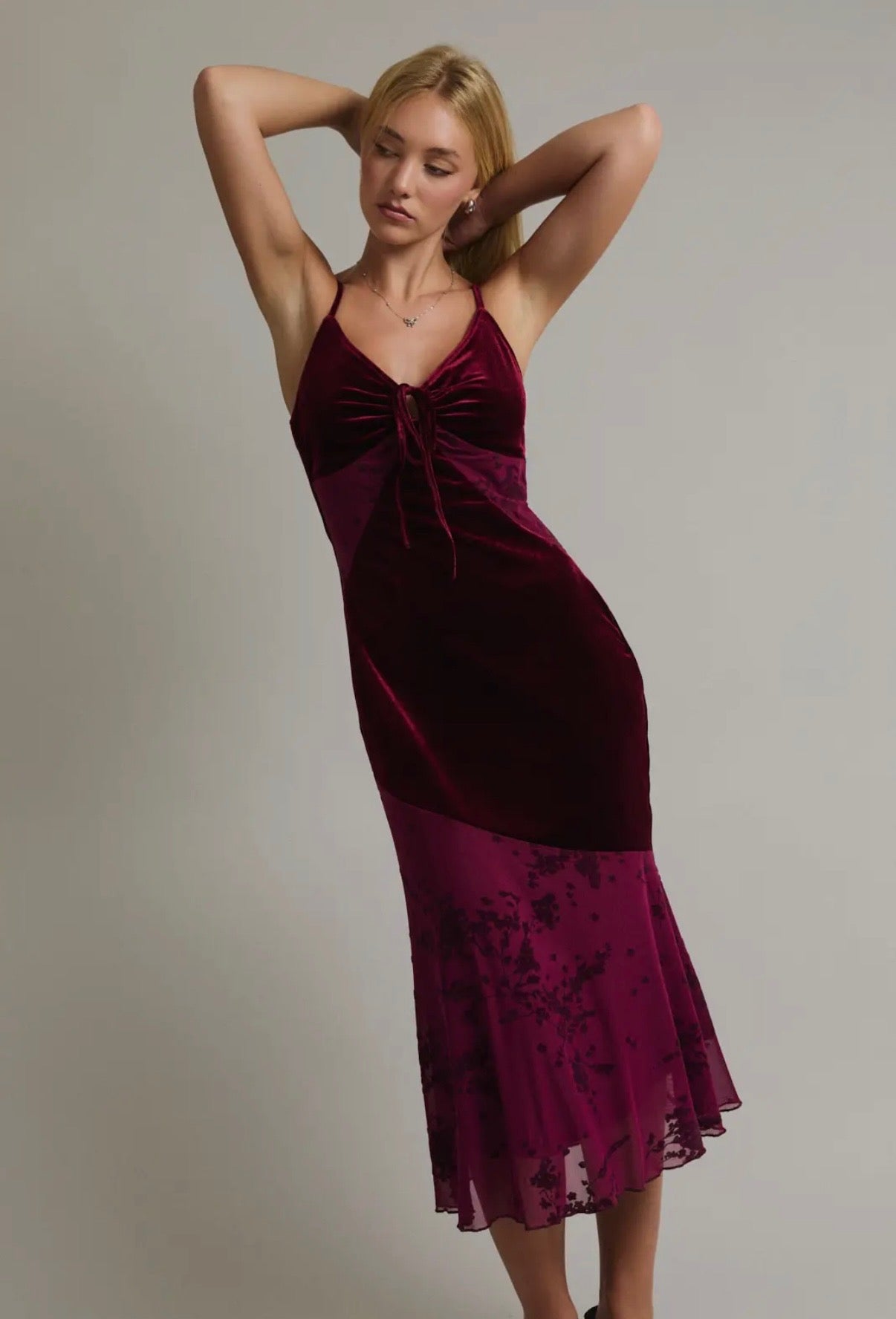 Wine Velvet Midi Floral Dress
