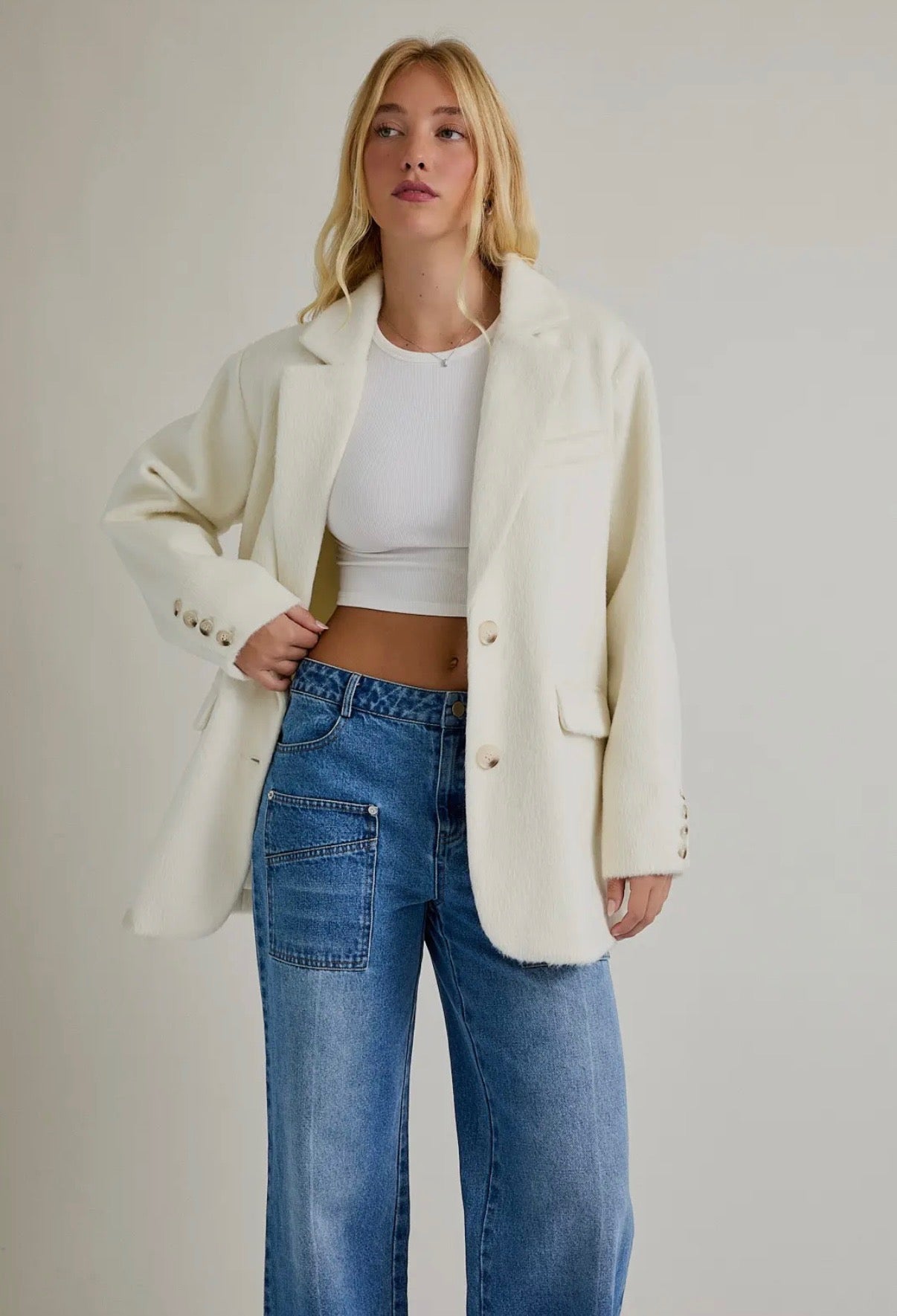 White Faux Fur Blazer Jacket