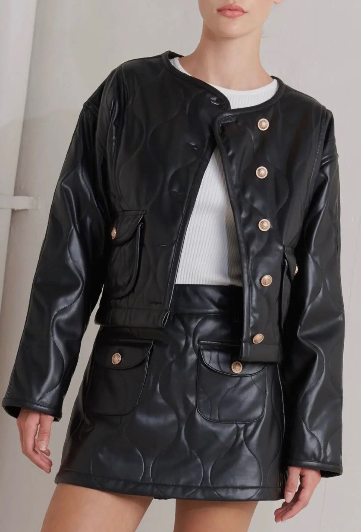 Quilted Faux Leather Jacket + Gold Embellished