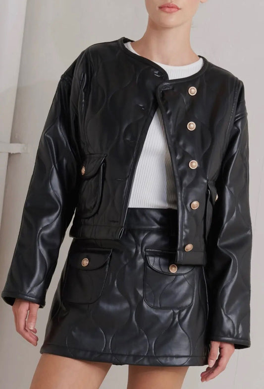 Quilted Faux Leather Jacket + Gold Embellished