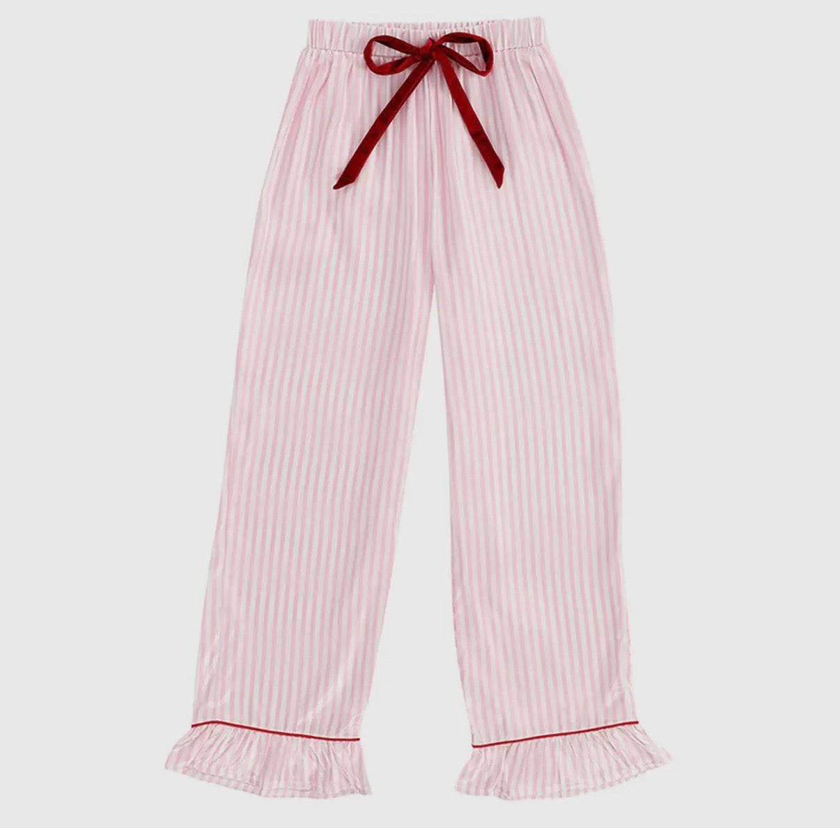 Ruffle Pink Stripe W Velvet Tie Satin Pj Set