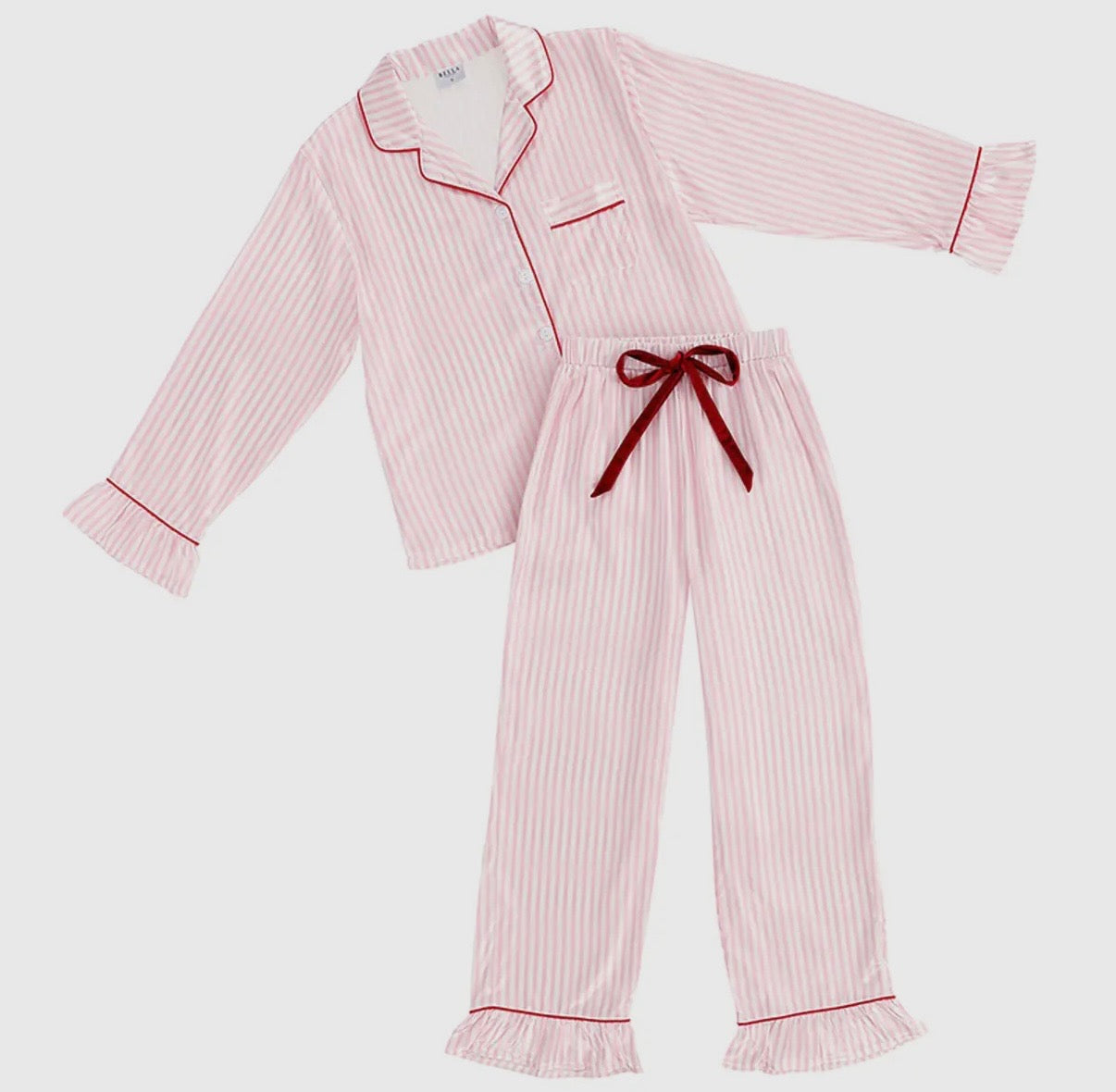 Ruffle Pink Stripe W Velvet Tie Satin Pj Set