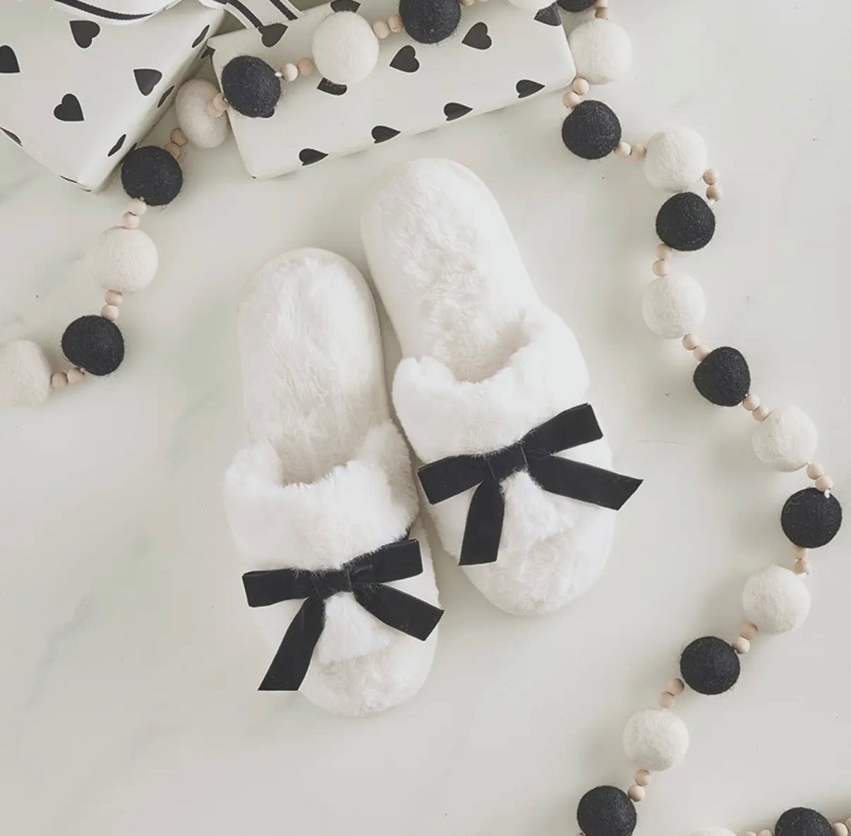 Ivory + Black Velvet Bow Slippers