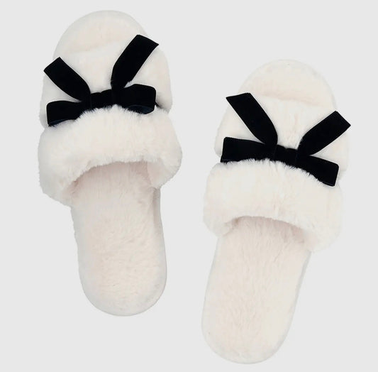 Ivory + Black Velvet Bow Slippers