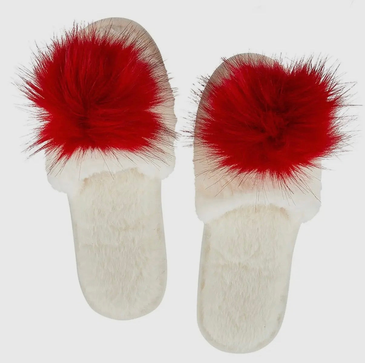 Ivory + Red Pom Pom Slippers
