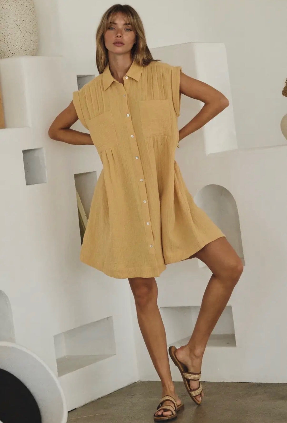 Eggnog Cotton Guaze Button Down Dress