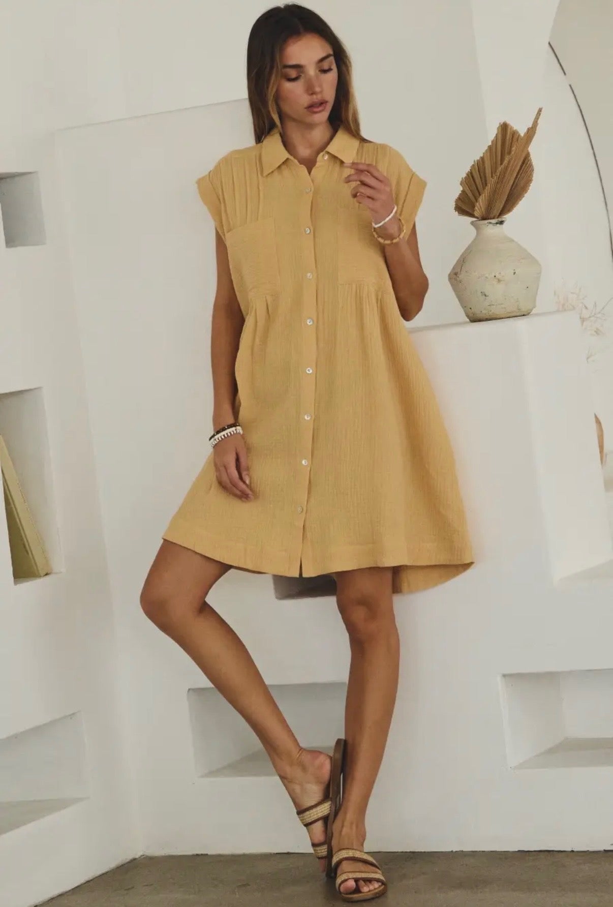 Eggnog Cotton Guaze Button Down Dress