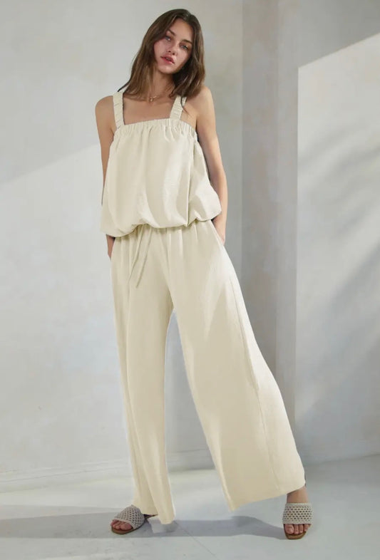 Ivory Bubble Hem Top & Wide Leg Pants Set