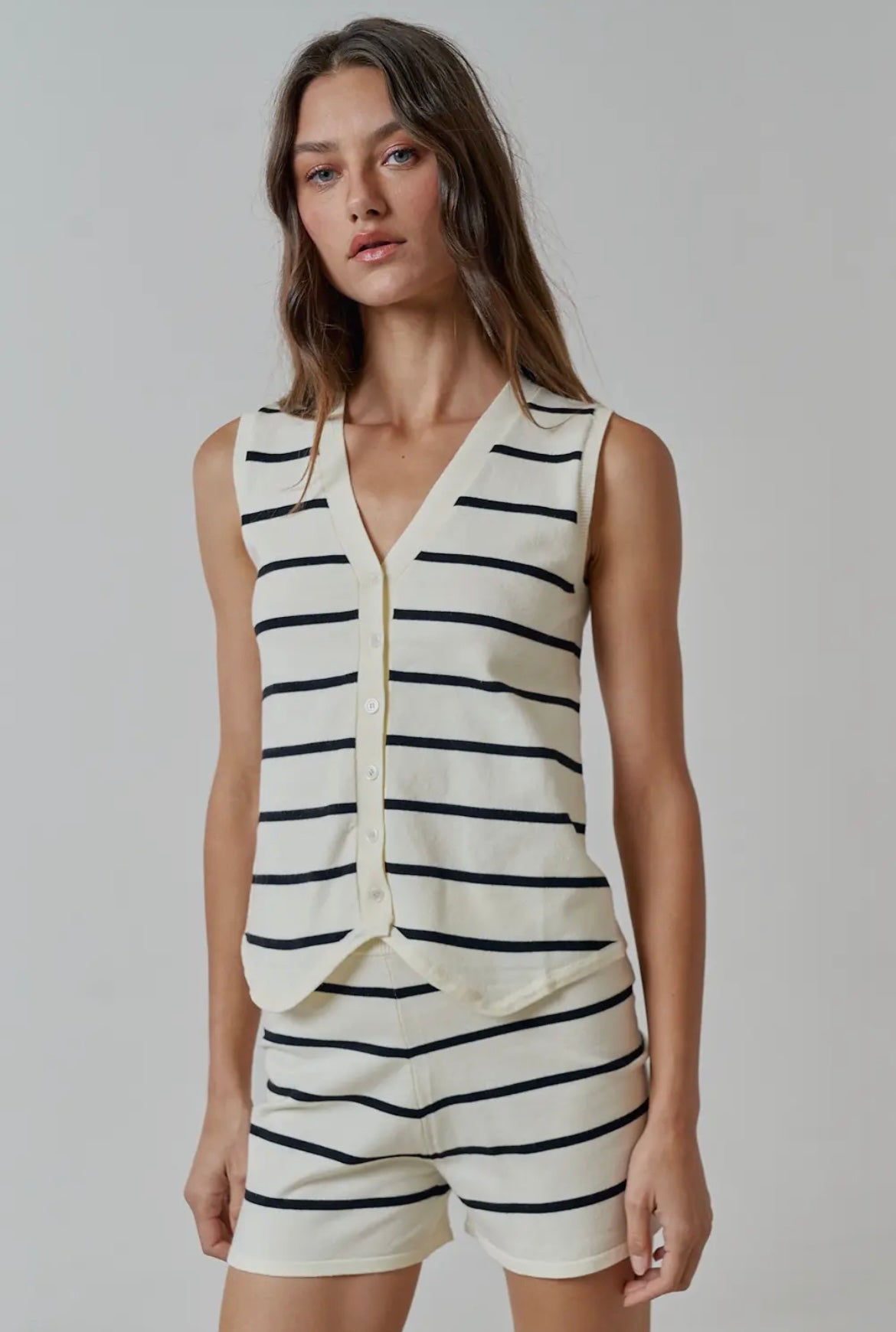 Ivory & Black Striped Vest/Shorts Set